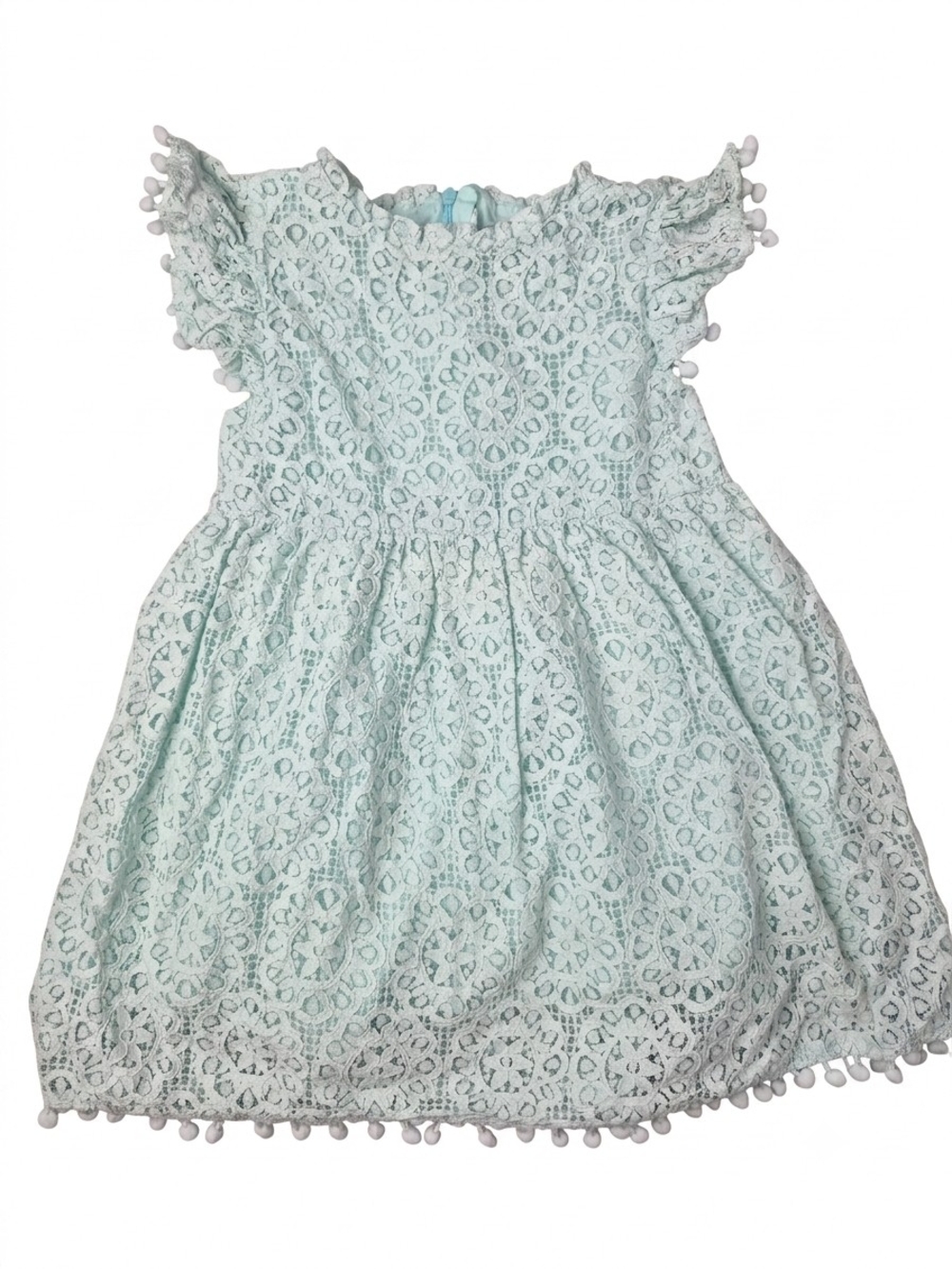 2BUNNIES Mint Green Floral Lace Pom-Pom Trim Flutter Sleeve Dress - Size 6
